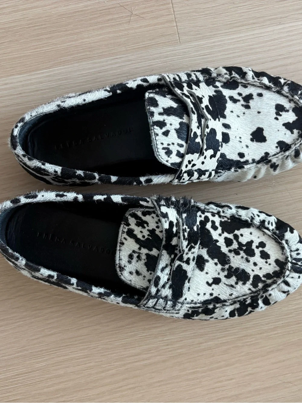 Freda Salvador Black & White Cow Haircalf Penny Loafers